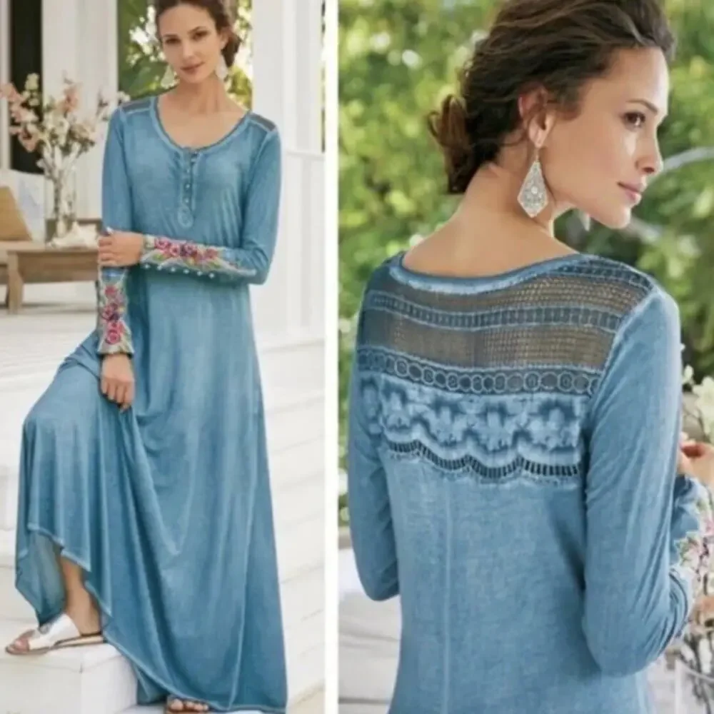 Soft Surroundings Ava Maxi Dress Saxony Blue Boho Lagenlook Coastal - XSize S - Picture 3 of 8